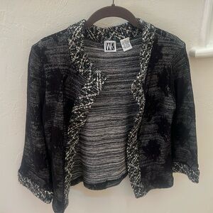 WR Gray Marled Open Face Jacket Sweater with Black Floral Lace Overlay Size Smal